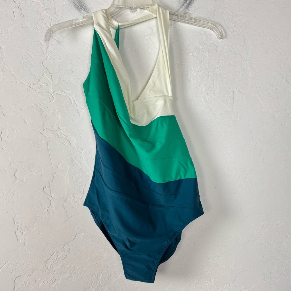 Summersalt Swim Suit One Piece The Sidestroke One Shoulder Blue Green‎ Ivory